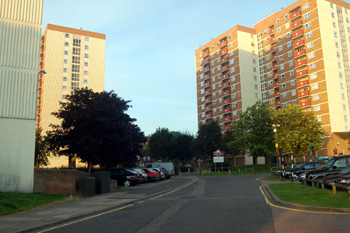 The site of the Volunteer lies between the blocks of flats August 2009